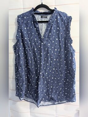 Nwot For Cynthia Linen Blend Blue 💙 Star ⭐ Print Sleeveless Ruffled Tank Top 2X